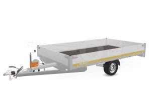 Eduard multitransporter 3520-3-PMB30-180-63, Lxb 350x200cm, Bruto 1800kg (1297kg netto), Lvh 63cm, Alu borden 30cm, Enkelas geremd, Banden 195/50R13, Met oprijplaten en lier.