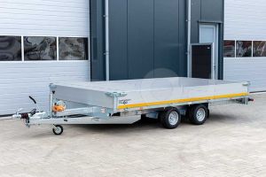 Eduard multitransporter 3520-4-PMB40-270-56, Lxb 356x200cm, Bruto 2700kg (2063kg netto), Lvh 56cm, Alu borden 40cm, Tandemas geremd, Banden 195/55R10, Met oprijplaten en lier.