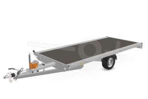 Eduard multitransporter 4018-3-PMV-180-63, Lxb 406x180cm, Bruto 1800kg (1235kg netto), Lvh 63cm, Vlak zonder borden, Enkelas geremd, Banden 195/50R13, Met oprijplaten en lier.