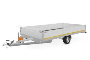 Eduard multitransporter 4022-3-PMB40-180-63, Lxb 406x220cm, Bruto 1800kg (1124kg netto), Lvh 63cm, Alu borden 40cm, Enkelas geremd, Banden 195/50R13, Met oprijplaten en lier.