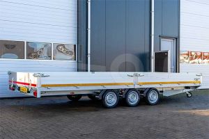 Eduard multitransporter 4522-5-PMB40-350-56, Lxb 456x220cm, Bruto 3500kg (2587kg netto), Lvh 56cm, Alu borden 40cm, Drieasser geremd, Banden 195/55R10, Met oprijplaten en lier.