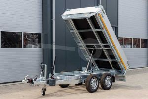 Eduard achterwaartse kipper met handbediening, afmeting 260x150cm, laadvloerhoogte 63cm, bruto laadvermogen 750kg, ongeremde tandemasser