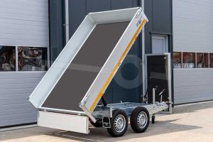 Eduard kipper, achterwaarts kippend, tandemas ongeremd, afmeting 260x150cm, 40cm aluminium borden, bruto laadvermogen 750kg, laadvloerhoogte 63cm, handmatige bediening