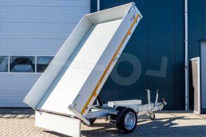 Eduard achterwaartse kipper met oprijplaten 2615-3-1OB30-135-J-63, Lxb 260x150cm, Bruto 1350kg (969kg netto), Handmatige bediening, Lvh 63cm, Borden 30cm, Enkelas geremd, Banden 195/50R13