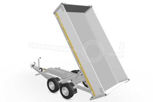 Achteraanzicht Eduard achterwaartse kipper 3116-4-14-2572-N 310x160cm 2500kg elektrische bediening, laadvloerhoogte 72cm, borden 40cm.