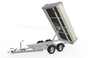 Voorzijde Eduard achterwaartse kipper 3116-4-14-2763-N 310x160cm 2700kg, elektrische bediening, laadvloerhoogte 63cm, borden 40cm.