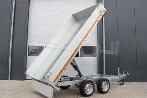 Eduard achterwaartse kipper 3118-4-13-3563-P, Lxb 310x180cm, Bruto 3500kg (2743kg netto), Elektrische en handmatige bediening, Lvh 63cm, Borden 30cm, Tandemas geremd, Banden 195/50R13