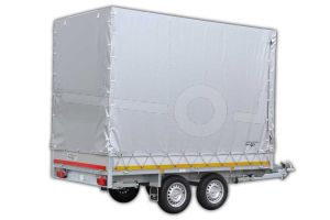 Standaard huifdoek voor Eduard plateauwagen, multitransporter of kipper met een laadbak van 310x160cm. Hoogte 220cm gemeten vanaf de laadvloer. Kleur van het huifdoek is 7500 grijs. Onderdeelnummer 3116-Z-STD-22-7500.