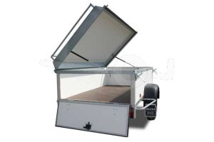 Optioneel neerklapbaar achterbord op een Power Trailer bagagewagen met een lengte vanaf 175 cm