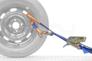 Autospanband voor het vastzetten van een auto. Bevestiging door de velg van de auto. Afmeting 150cm lang 35mm breed.