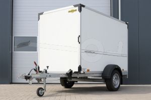 Humbaur HK 152513-15P Flexzurr gesloten aanhangwagen, 251x132x152(lxbxh), bruto 1500kg(1085 netto),witte 15mm plywood wanden en 1 deur achter, vloerhoogte 57cm, banden 14", enkelas