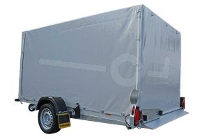 Grijze huif voor de Humbaur HKT zakbare transporter 310 x 176 cm met een dakhoogte van 160 cm vanaf de laadvloer.