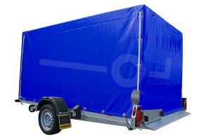 Blauwe huif voor de Humbaur HKT zakbare transporter 310 x 176 cm met een dakhoogte van 180 cm vanaf de laadvloer.