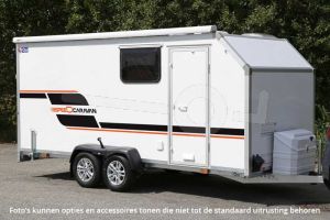 Blyss kampeertrailer Speedcaravan 521T, 2-persoons, met toiletruimte, 500x200x200cm (lxbxh), Bruto 2700kg (ca 1500kg netto), Kleur wit, Neergaande achterklep, Tandemas geremd, Banden 165R13C