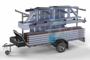 Steigeraanhanger met rolsteiger standaard, afmeting steiger 135x305cm, werkhoogte steiger 8,2m, uitgerust met enkele voorloopleuning
