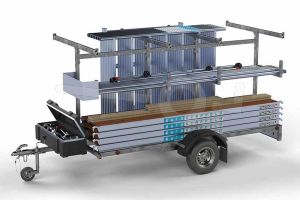 Euroscaffold rolsteiger 305x135cm, werkhoogte 8,2 meter, compleet met steigeraanhanger