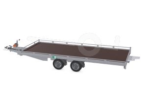 Eduard autotransporter, Lxb 506x220cm, Bruto 3000kg, Lvh 63cm, Oprijhoek 15&deg;, Reling 10cm, Dichte vloer, Tandemas geremd, Banden 195/50R13, Met oprijplaten en lier.