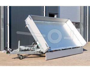 Eduard 3-zijdige kipper met oprijplaten 3520-4-3O3-3063-P, Lxb 356x200cm, Bruto 3000kg (2157kg netto), Elektrische en handmatige bediening, Lvh 63cm, Borden 30cm, Tandemas geremd, Banden 195/50R13