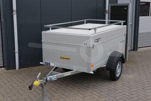 Humbaur aluminium bagagewagen (lxbxh) 205x110x68cm, type HA 752111-5 met deksel en reling, Bruto 750kg (577kg netto), Aluminium wanden 50cm, Enkelas ongeremd, Banden 145/80R13