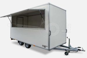 Verkoopwagen Powertrailer VKWnr11, plateau casco, 357x200x220cm (lxbxh), bruto 2000 kg, wanden wit glad plywood, 1 deur achter, grote verkoopklep zijkant, tandemas