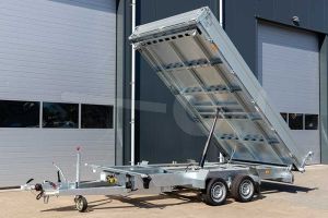 Humbaur 3-zijdige kipper met oprijplaten HTK 3500.41, Lxb 410x210cm, Bruto 3500kg (2315kg netto), Elektrische en handmatige bediening, Lvh 76cm, Borden 35cm, Tandemasser geremd, Banden 195/50R13