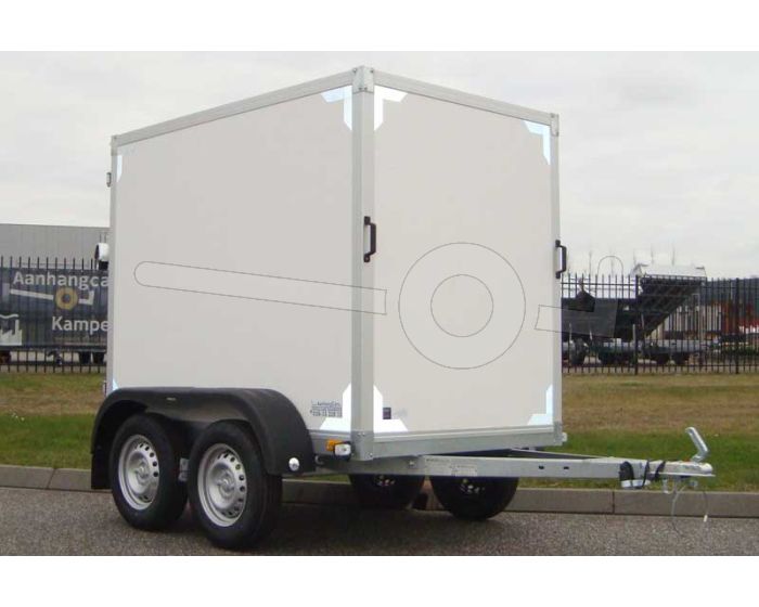 Twins Trailers gesloten aanhangwagen, afmeting 200x132x150 cm, met twee achterdeuren, ongeremde tandemasser, bruto laadvermogen 750kg.