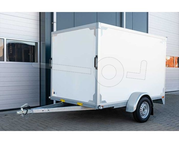 Gesloten aanhangwagen ongeremde enkelasser, merk Twins Trailers, afmeting 257x157x150 cm, met twee achterdeuren, bruto laadvermogen 750kg.