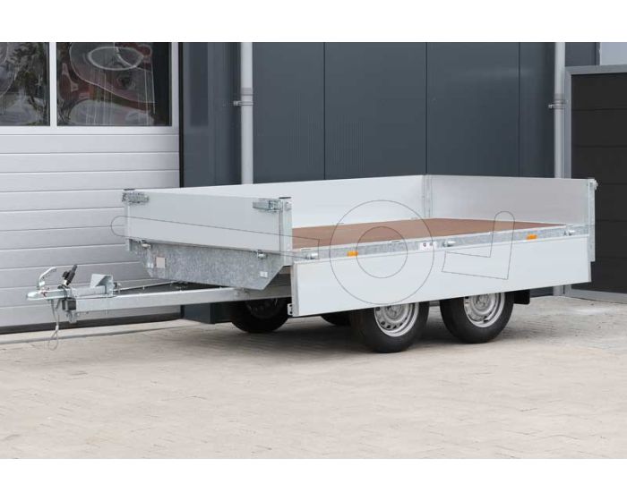 Eduard tandemas plateauwagen afmeting 260x150cm met 40cm borden, bruto laadvermogen 750kg ongeremd, laadvloerhoogte 72cm