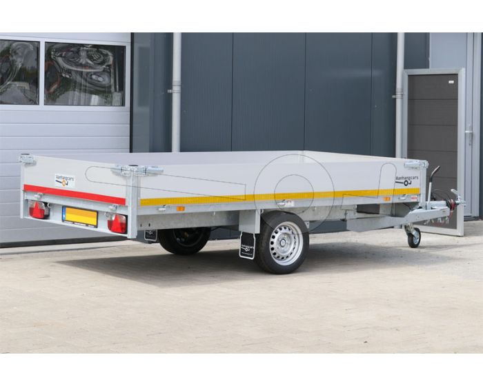 Enkelas plateauwagen Eduard afmeting 310x180cm, laadvloerhoogte 63cm, bruto laadvermogen 1500kg, met 30cm aluminium borden
