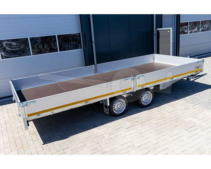 Eduard plateauwagen 456x220cm met 40cm borden, type 4522-4-PB40-300-63, bruto 3000kg, geremde tandemasser met laadvloerhoogte 63cm en 195/50R13 banden