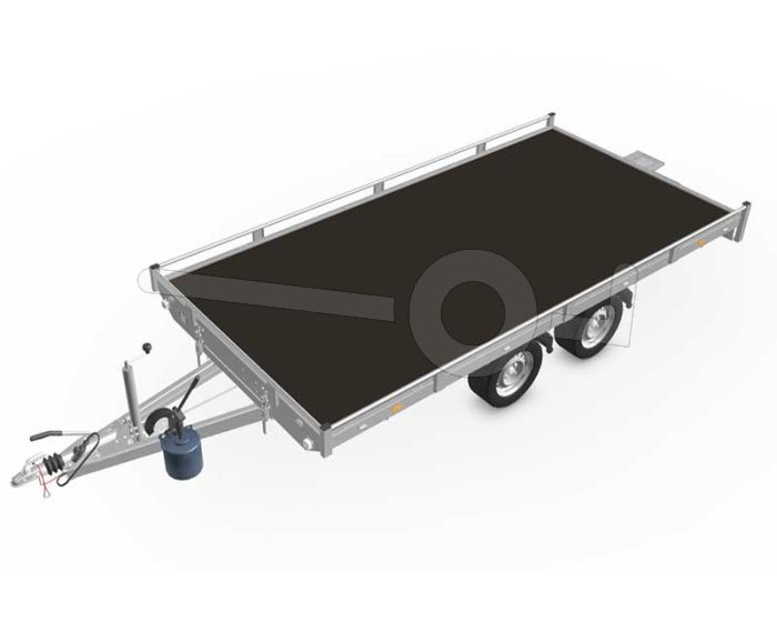 Eduard kantelbare autotransporter 4020-4-AOR10-270-J-63, afmeting 406x200cm met 10cm reling, bruto laadvermogen 2700kg, laadvloerhoogte 63cm, geremde tandemasser met 195/50R13 banden.
