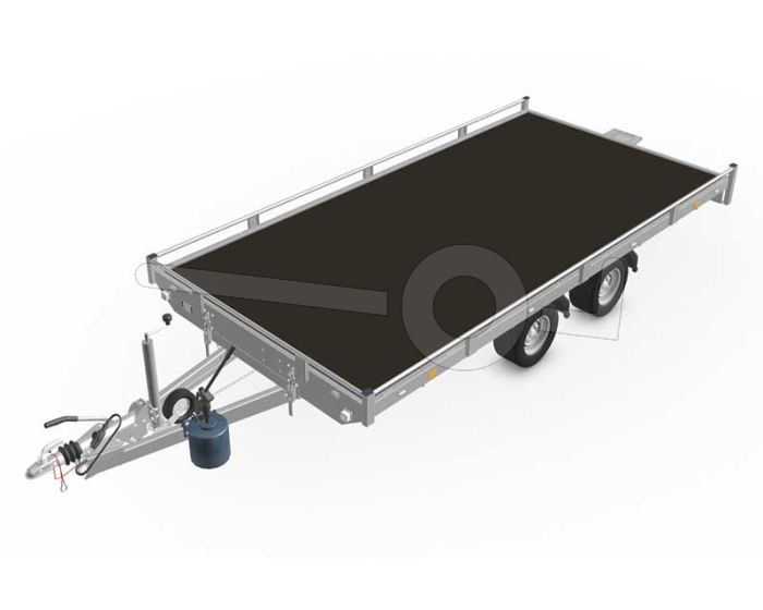 Eduard kantelbare autotransporter 4020-4-AOR10-300-J-56, afmeting 406x200cm met 10cm reling, bruto laadvermogen 3000kg, laadvloerhoogte 56cm, geremde tandemasser met 195/55R10 banden.