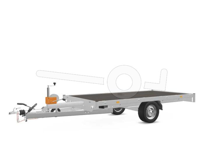 Eduard multitransporter 3116-3-PMV-180-63, Lxb 310x160cm, Bruto 1800kg (1414kg netto), Lvh 63cm, Vlak zonder borden, Enkelas geremd, Banden 195/50R13, Met oprijplaten en lier.
