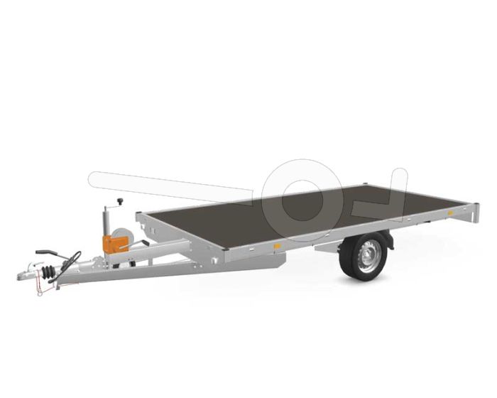 Eduard multitransporter 3518-3-PMV-180-63, Lxb 350x180cm, Bruto 1800kg (1343kg netto), Lvh 63cm, Vlak zonder borden, Enkelas geremd, Banden 195/50R13, Met oprijplaten en lier.