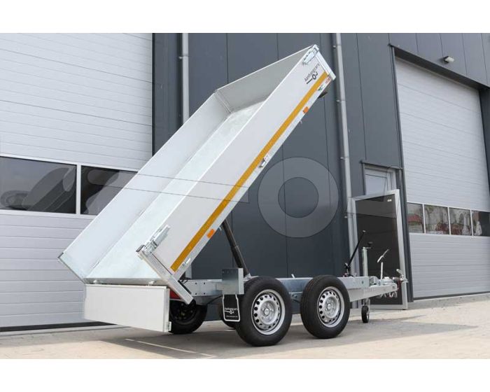 Eduard achterwaartse kipper aanhangwagen, afmeting 260x150cm met 30cm borden, laadvloerhoogte 72cm, bruto laadvermogen 2000kg, handmatige bediening