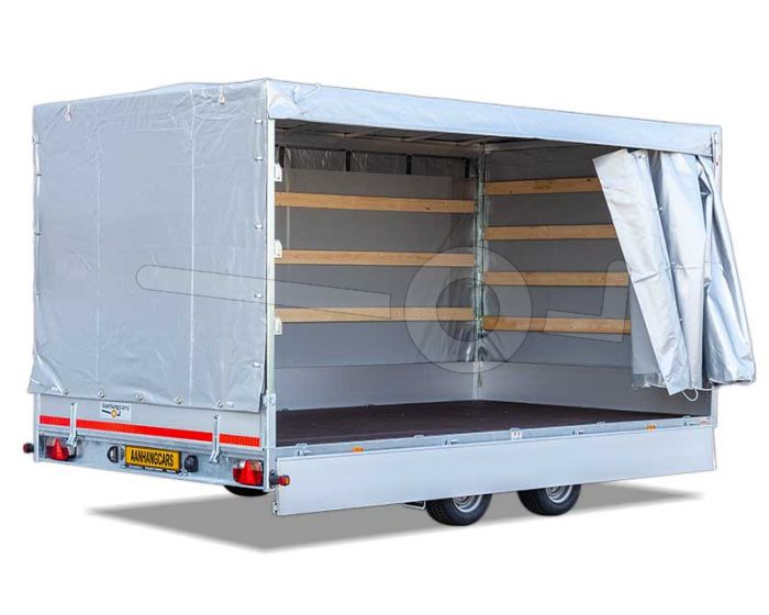 Huifdoek 3116-Z-SFZ-13-7500 ten behoeve van huif met schuifzeil voor Eduard plateauwagen, multitransporter of kipper met een laadbak van 310x160cm Hoogte 130cm gemeten vanaf de laadvloer. Kleur van het huifdoek is 7500 grijs.