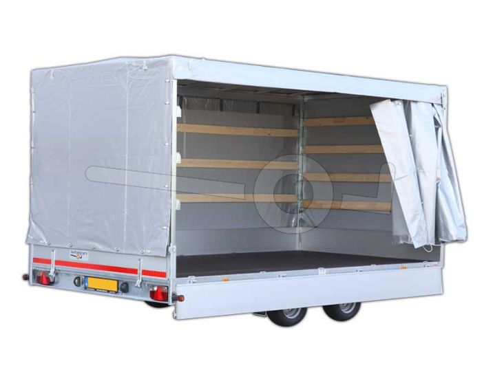 Huifdoek 330x180x200cm 3318-Z-SFZ-20-7500 ten behoeve van huif met schuifzeil voor Eduard plateauwagen, multitransporter of kipper met een laadbak van 330x180cm. Hoogte 200cm gemeten vanaf de laadvloer. Kleur van het huifdoek is 7500 grijs.