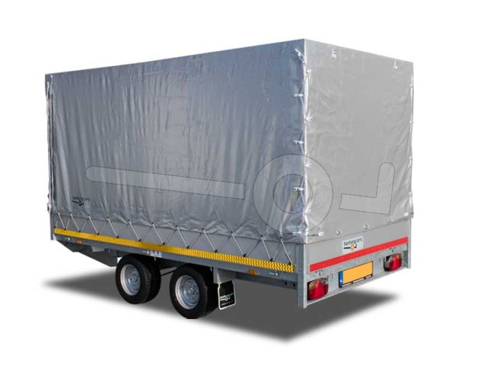 Standaard huifdoek 406x180x130cm 4018-Z-STD-13-7500 ten behoeve van standaard huif voor Eduard plateauwagen of multitransporter met een laadbak van 406x180cm. Hoogte 130cm gemeten vanaf de laadvloer. Kleur van het huifdoek is 7500 grijs.