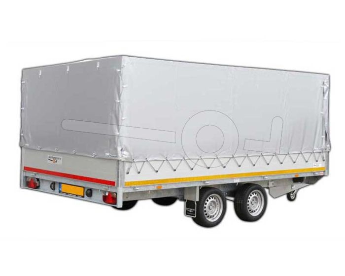 Standaard huifdoek 406x200x130cm 4020-Z-STD-13-7500 ten behoeve van standaard huif voor Eduard plateauwagen of multitransporter met een laadbak van 406x200cm. Hoogte 130cm gemeten vanaf de laadvloer. Kleur van het huifdoek is 7500 grijs.