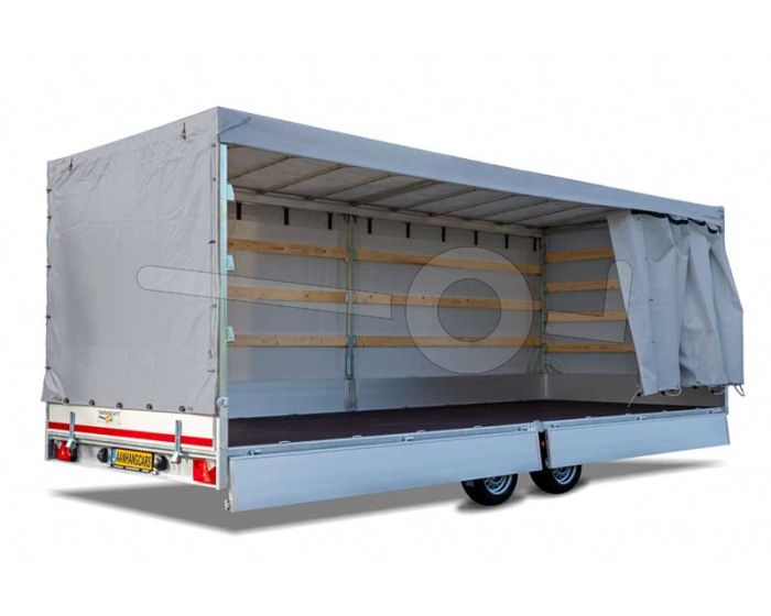 Huifdoek 506x220x180cm 5022-Z-SFZ-18-7500 ten behoeve van huif met schuifzeil voor Eduard plateauwagen of multitransporter met een laadbak van 506x220cm. Hoogte 180cm gemeten vanaf de laadvloer. Kleur van het huifdoek is 7500 grijs.