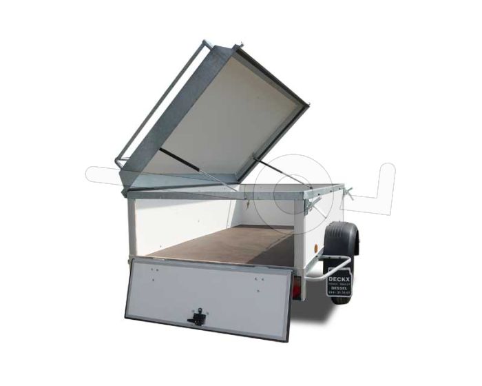 Optioneel neerklapbaar achterbord op een Power Trailer bagagewagen met een lengte vanaf 175 cm