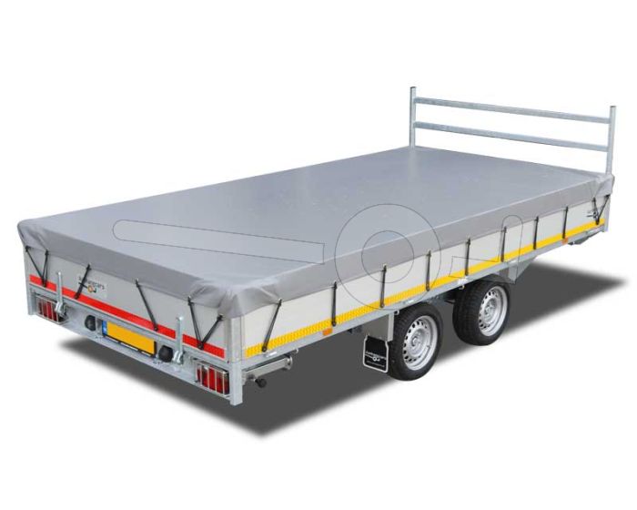 Grijs vlakzeil voor Eduard Trailer plateauwagen of multitransporter met een laadbak van 401x180cm