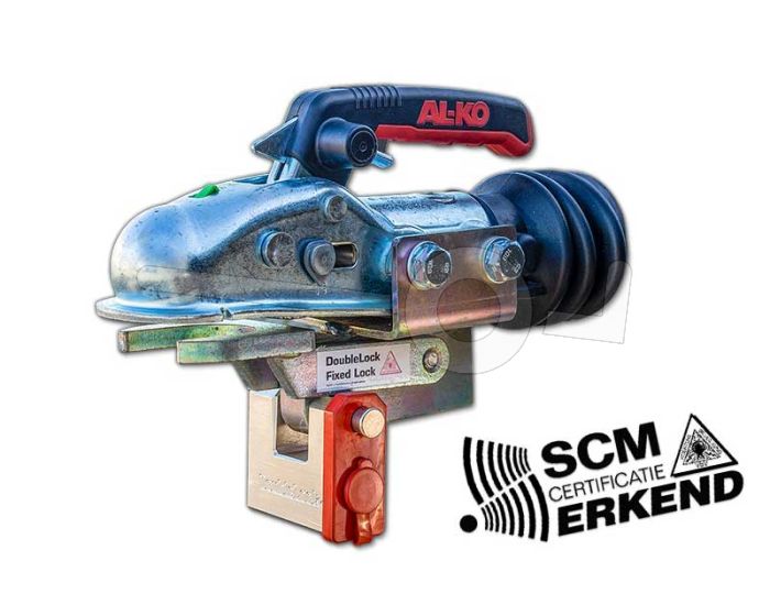 DoubleLock disselslot BAK35, SCM goedgekeurd, geschikt voor geremde aanhangwagens met een AL-KO koppeling, voorzien van twee horizontaal gemonteerde M14 bouten, en een bruto totaalgewicht van 3.500kg