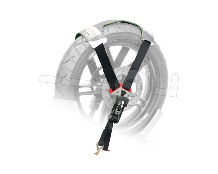 Steadystand Tyrefix motorspanband over het achterwiel van een motor.