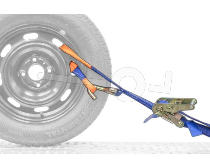 Autospanband voor het vastzetten van een auto. Bevestiging door de velg van de auto. Afmeting 150cm lang 35mm breed.