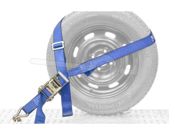 Autospanband voor het vastzetten van een auto. Bevestiging om het wiel van de auto. Afmeting 200cm lang 50mm breed.