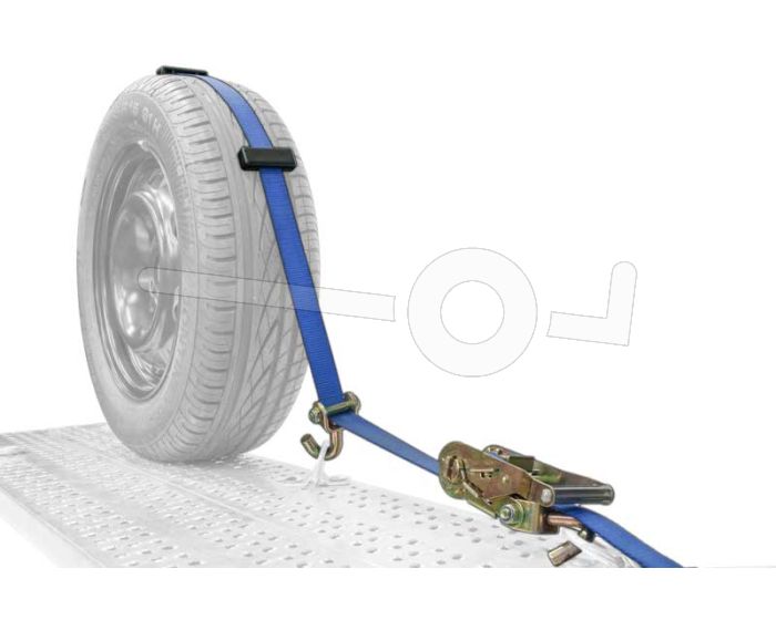 Autospanband voor het vastzetten van een auto. Bevestiging over de band van de auto. Afmeting 250cm lang 50mm breed.