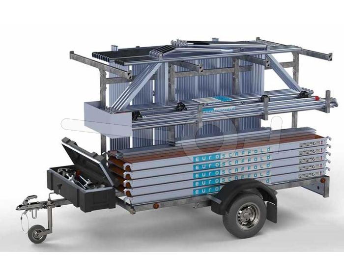 Euroscaffold steigeraanhanger compleet met rolsteiger standaard 250x135cm werkhoogte 12,2 meter met enkele voorloopleuning