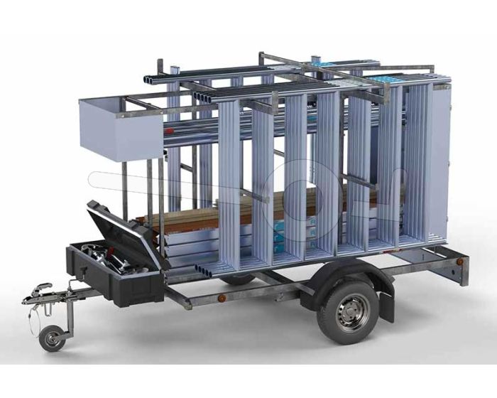 Afsluitbare steigeraanhanger met Euroscaffold rolsteiger 250x135cm werkhoogte 12,2 meter