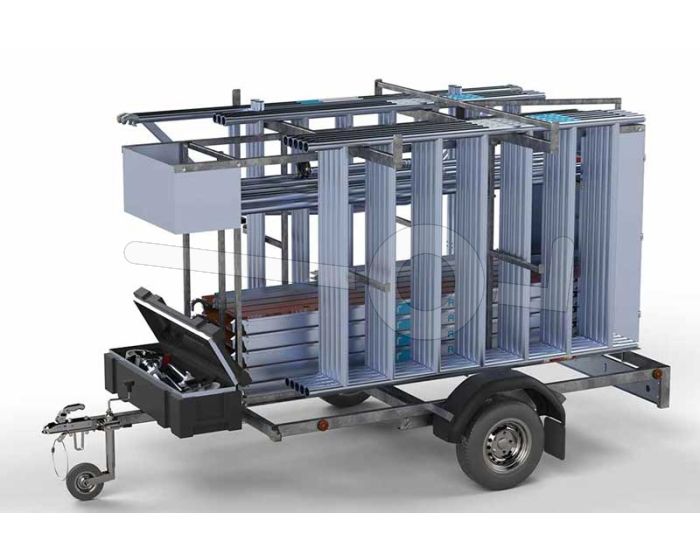 Afsluitbare steigeraanhanger compleet met rolsteiger 250x135cm werkhoogte 12,2 meter uitgerust met enkele voorloopleuning